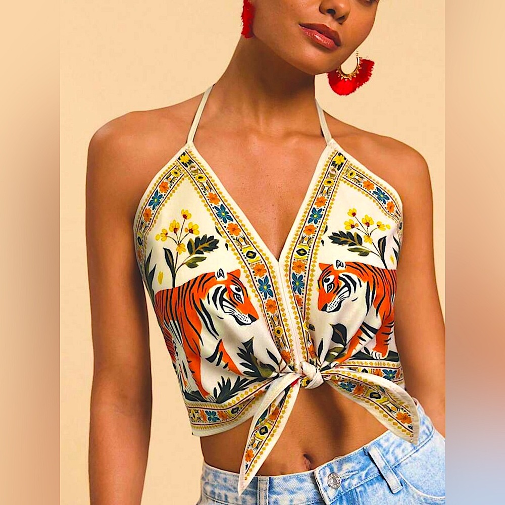 Floral Eye of The Tiger Resort Cruise Beach Pool Pom Pom Wrap Print Halter TopXL